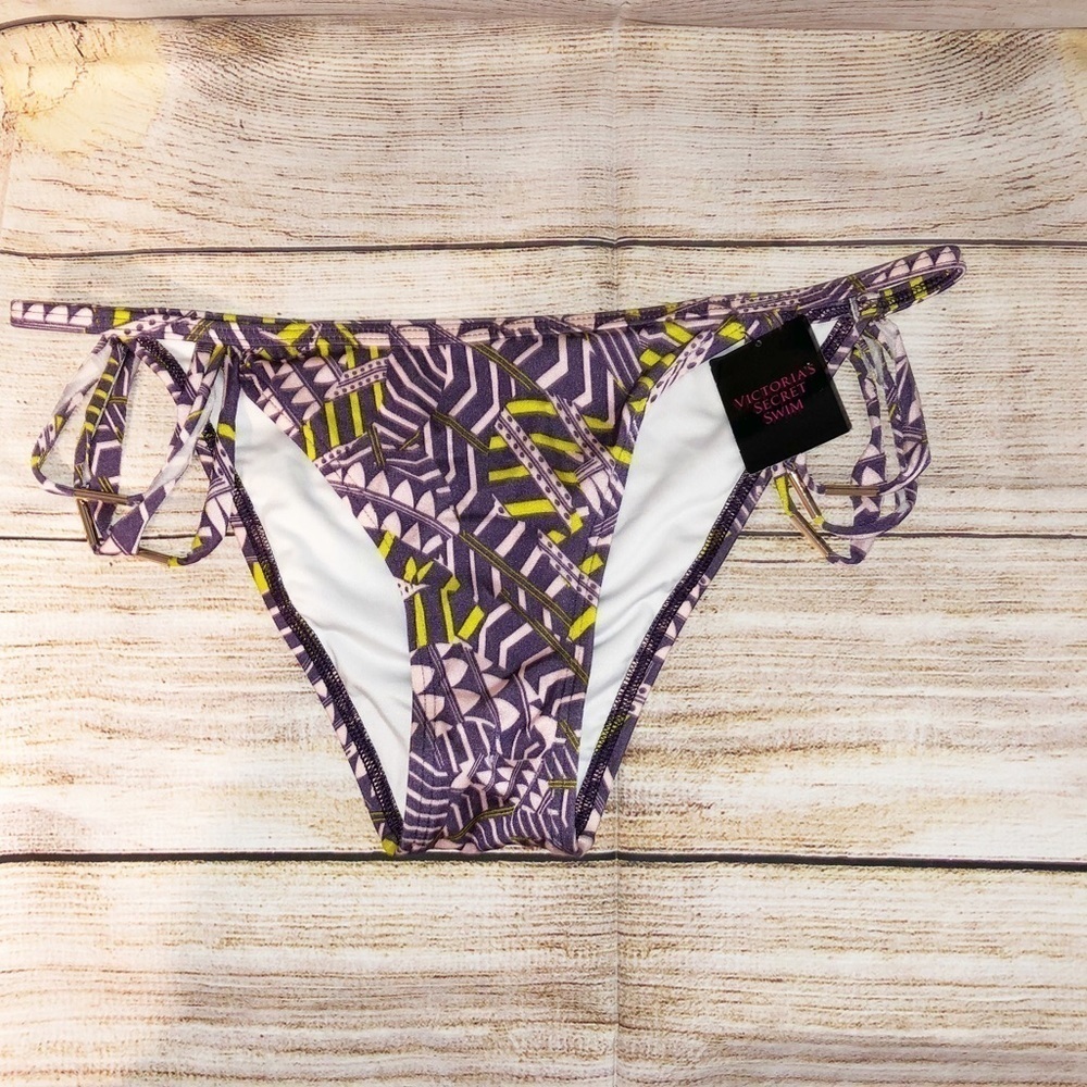 NWT Victoria's Secret Purple and Gold Geometric Strappy Bikini Bottoms Size M